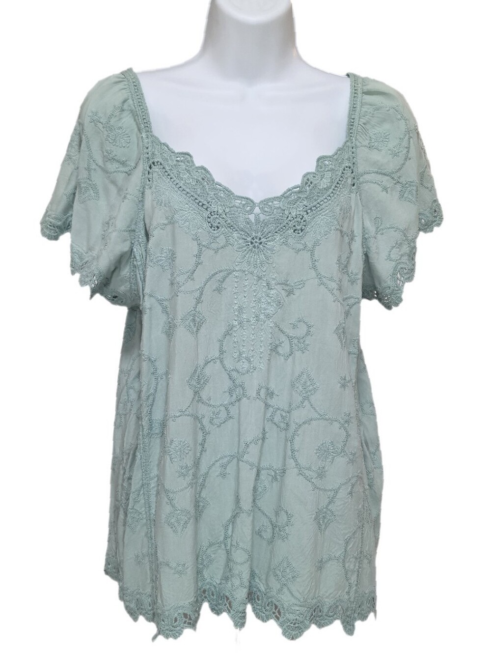 Democracy Lace Crochet Trim Embroidered Boho Woven Top Flutter Sleeves Green M